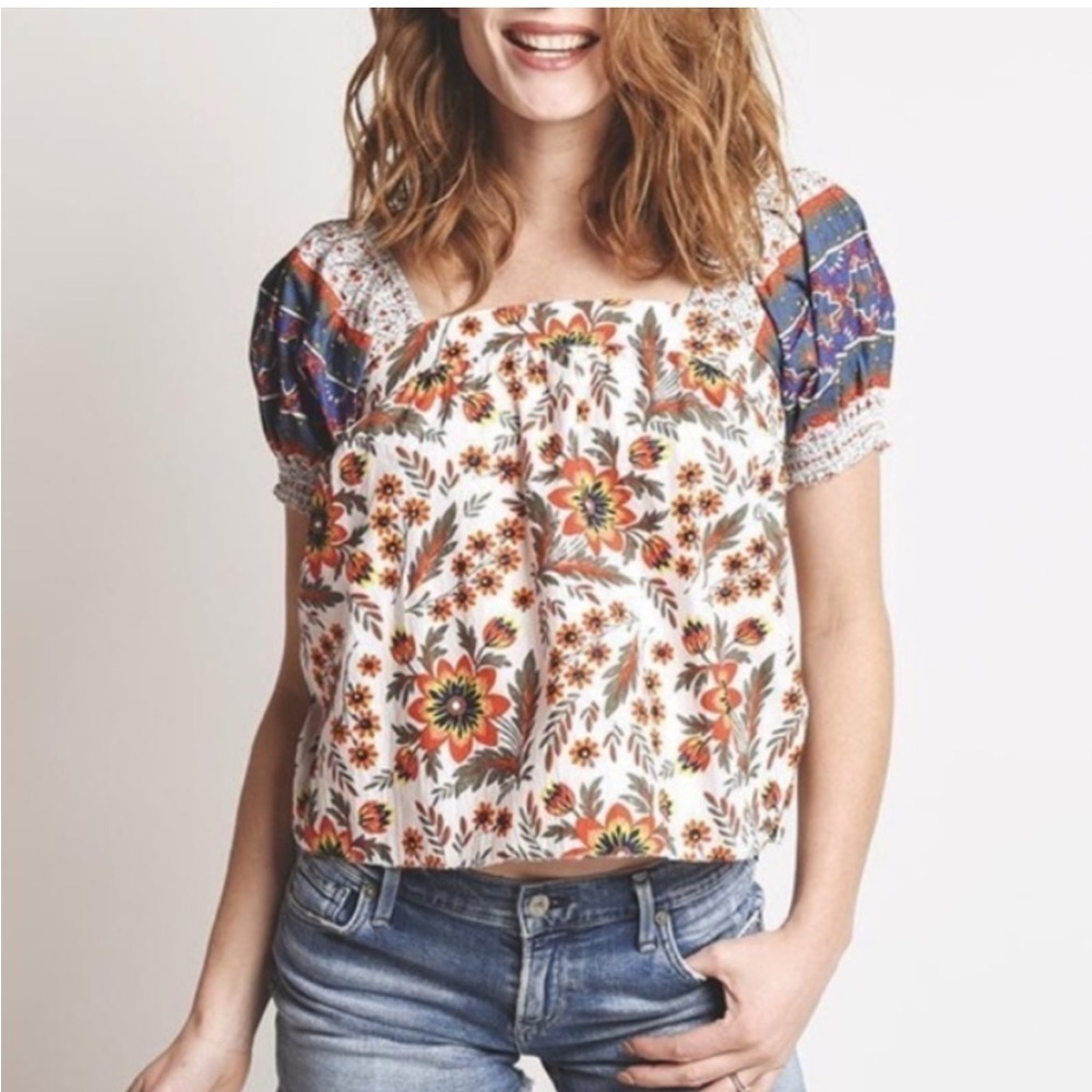 Joie Cleona Cotton Top Puff Sleeves floral square neck ruffle brunch smocked L